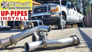 2001 F350 73  RiffRaff UpPipes Install  Stock up pipes leaking and falling apart JUNK SP [upl. by Erinn484]